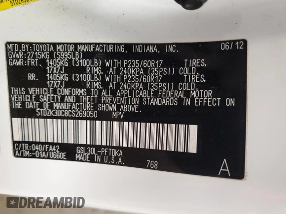 2012 Toyota Sienna with VIN 5TDZK3DC8CS269050, listed as a Copart auction lot 45496015 with 179,666 mi miles and Salvage Title. Bid and sale history available at carsss.com. Image 13.