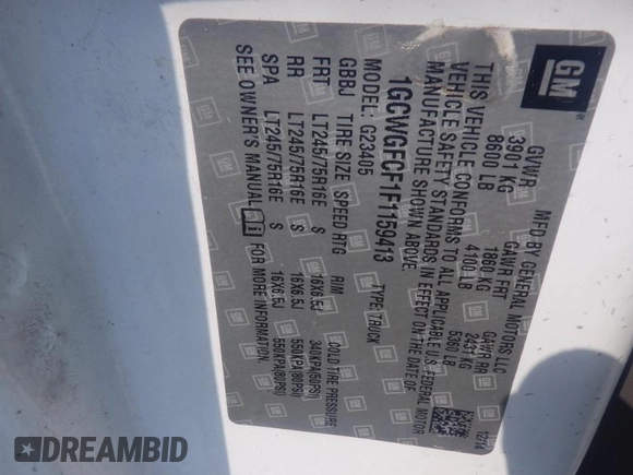 2015 Chevrolet Express Cargo with VIN 1GCWGFCF1F1159413, listed as a IAAI auction lot 42631369 with 155,801 mi miles and . Bid and sale history available at DreamBid. Image 20.