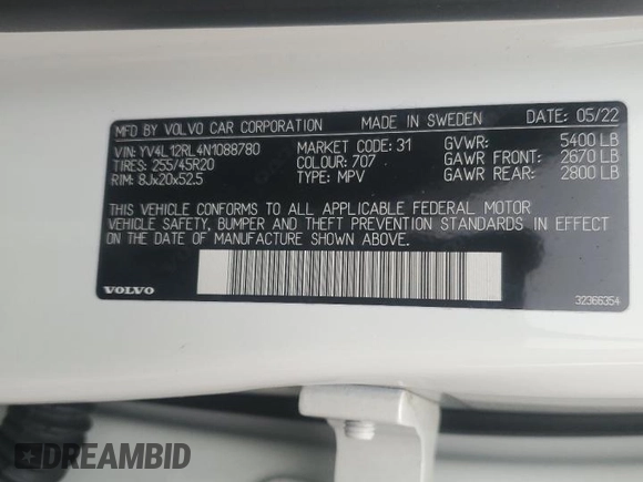 2022 Volvo XC60 Inscription with VIN YV4L12RL4N1088780, listed as a Copart auction lot 48810255 with Not provided miles and Salvage title. Bid and sale history available at DreamBid. Image 13.