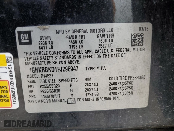2015 Chevrolet Traverse LT with VIN 1GNKRGKD1FJ298947, listed as a Copart auction lot 59227745 with 195,882 mi miles and Salvage title. Bid and sale history available at DreamBid. Image 13.
