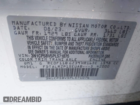 2023 Nissan Kicks S with VIN 3N1CP5BV5PL571076, listed as a IAAI auction lot 41177115 with 25,595 mi miles. Bid and sale history available at carsss.com. Image 9.