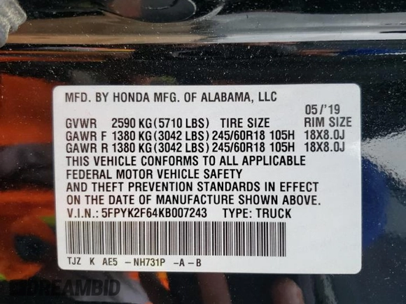 2019 Honda Ridgeline RTL-T z VIN 5FPYK2F64KB007243, wystawiony jako Copart lot #43511615 z przebiegiem 55 173 mil mil oraz Szkoda całkowita • Salvage title. Historia ofert i sprzedaży dostępna na DreamBid. Obrazek 15.