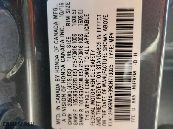 2016 Honda CR-V LX with VIN 2HKRM4H39GH713025, listed as a Copart auction lot 52900455 with 163,697 mi miles and Salvage Title. Bid and sale history available at carsss.com. Image 14.