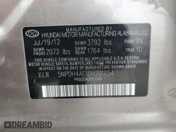 2013 Hyundai Elantra Limited с VIN 5NPDH4AE1DH201054, выставлен на аукционе Copart как лот 60890645 с пробегом Не указан миль и Чистый • Clean title. История ставок и продаж доступна на DreamBid. Изображение 12.