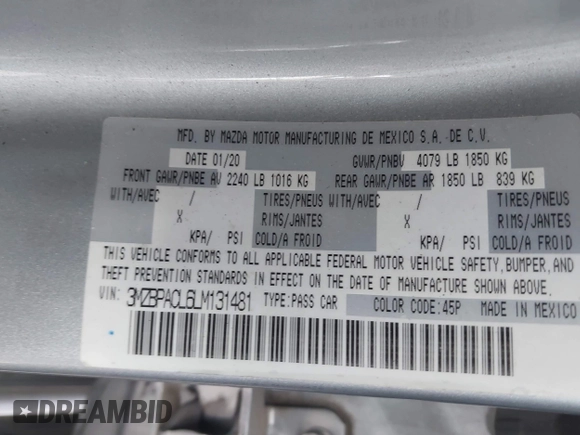 2020 Mazda 3 Select with VIN 3MZBPACL6LM131481, listed as a IAAI auction lot 42118795 with 104,102 mi miles and . Bid and sale history available at DreamBid. Image 9.