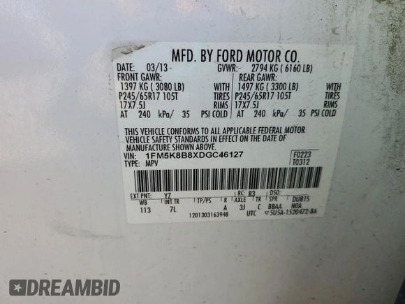 2013 Ford Explorer z VIN 1FM5K8B8XDGC46127, wystawiony jako Copart lot #51866845 z przebiegiem 112 260 mil mil oraz Szkoda całkowita • Salvage title. Historia ofert i sprzedaży dostępna na DreamBid. Obrazek 13.