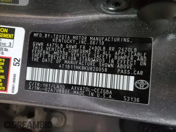 2019 Toyota Camry LE with VIN 4T1B11HK8KU820058, listed as a Copart auction lot 51451605 with 22,412 mi miles and Salvage Title. Bid and sale history available at carsss.com. Image 14.