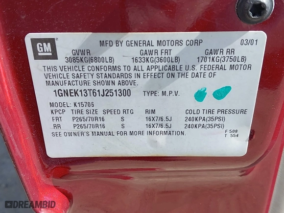 2001 Chevrolet Tahoe LS with VIN 1GNEK13T61J251300, listed as a IAAI auction lot 42071879 with 193,300 mi miles. Bid and sale history available at carsss.com. Image 9.