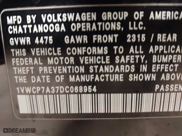 2013 Volkswagen Passat SEL Premium with VIN 1VWCP7A37DC068954, listed as a IAAI auction lot 42019750 with 127,943 mi miles. Bid and sale history available at carsss.com. Image 9.