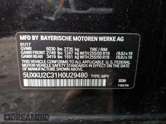 2017 BMW X6 xDrive35i with VIN 5UXKU2C31H0U29480, listed as a Copart auction lot 43853993 with 45,466 mi miles. Bid and sale history available at carsss.com. Image 14.