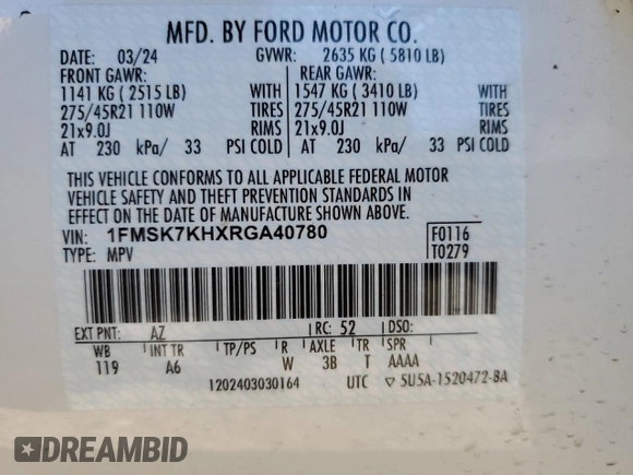 2024 Ford Explorer ST-Line с VIN 1FMSK7KHXRGA40780, выставлен на аукционе Copart как лот 56547445 с пробегом 11 407 миль миль и Списание • Salvage title. История ставок и продаж доступна на DreamBid. Изображение 13.