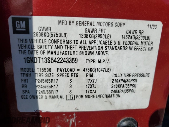 2004 GMC Envoy SLT with VIN 1GKDT13S542243359, listed as a Copart auction lot 79068994 with 199,062 mi miles and Salvage Title. Bid and sale history available at carsss.com. Image 15.