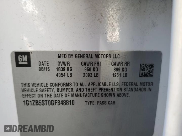 2016 Chevrolet Malibu LS with VIN 1G1ZB5ST0GF348810, listed as a Copart auction lot 52952965 with 106,050 mi miles and Salvage Title. Bid and sale history available at DreamBid. Image 14.