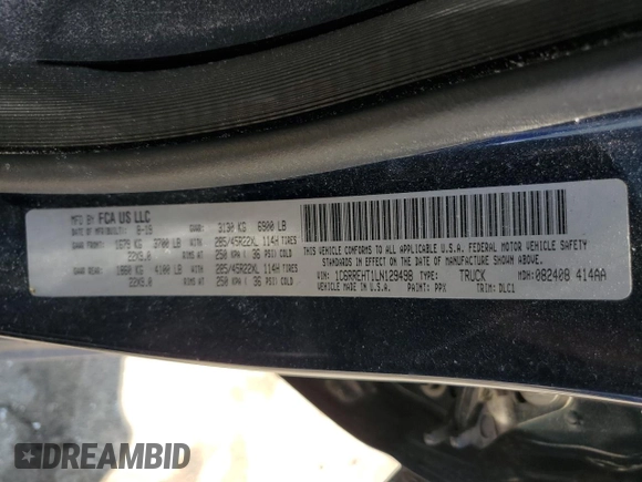 2020 Ram 1500 Limited z VIN 1C6RREHT1LN129498, wystawiony jako Copart lot #57706815 z przebiegiem 66 394 mil mil oraz Szkoda całkowita • Salvage title. Historia ofert i sprzedaży dostępna na DreamBid. Obrazek 12.