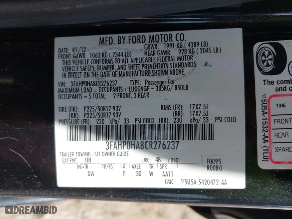 2012 Ford Fusion SE with VIN 3FAHP0HA8CR276237, listed as a IAAI auction lot 42048715 with 1,799,668 mi miles. Bid and sale history available at carsss.com. Image 9.