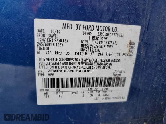 2020 Ford Edge SE z VIN 2FMPK3G99LBA14363, wystawiony jako Copart lot #52831575 z przebiegiem 122 382 mil mil oraz Tytuł czysty. Historia ofert i sprzedaży dostępna na DreamBid. Obrazek 12.
