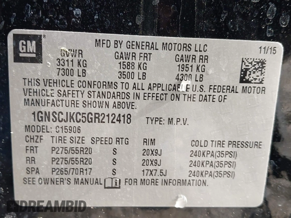 2016 Chevrolet Suburban LTZ with VIN 1GNSCJKC5GR212418, listed as a IAAI auction lot 41888486 with 178,501 mi miles and . Bid and sale history available at DreamBid. Image 9.