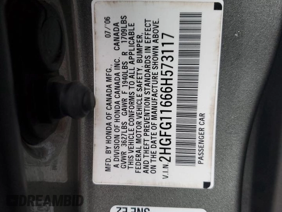 2006 Honda Civic Cpe LX with VIN 2HGFG11666H573117, listed as a Copart auction lot 86996744 with 195,733 mi miles and Salvage Title. Bid and sale history available at carsss.com. Image 12.