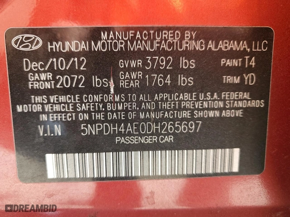 2013 Hyundai Elantra GLS with VIN 5NPDH4AE0DH265697, listed as a Copart auction lot 49908575 with 112,108 mi miles and Salvage Title. Bid and sale history available at carsss.com. Image 12.