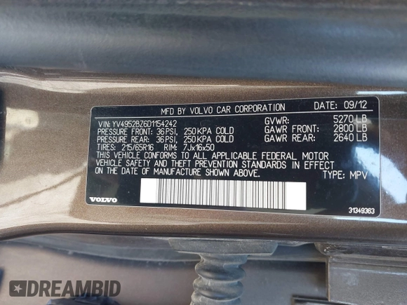 2013 Volvo XC70 3.2L with VIN YV4952BZ6D1154242, listed as a IAAI auction lot 41370020 with 190,784 mi miles and . Bid and sale history available at DreamBid. Image 9.