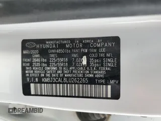 2020 Hyundai Tucson SEL с VIN KM8J3CAL8LU262265, выставлен на аукционе Copart как лот 50240575 с пробегом 17 084 миль миль и Списание • Salvage title. История ставок и продаж доступна на DreamBid. Изображение 13.