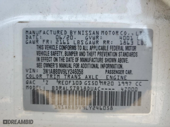 2020 Nissan Sentra SR with VIN 3N1AB8DV9LY246058, listed as a Copart auction lot 46871745 with 85,512 mi miles and Salvage Title. Bid and sale history available at carsss.com. Image 12.