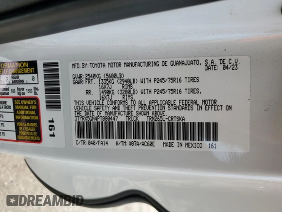 2023 Toyota Tacoma SR z VIN 3TYRX5GN4PT080447, wystawiony jako Copart lot #66465664 z przebiegiem 13 388 mil mil oraz Nie do naprawy • Non repairable. Historia ofert i sprzedaży dostępna na DreamBid. Obrazek 12.