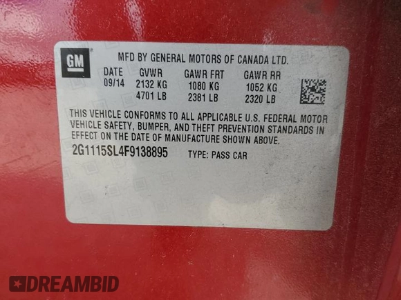 2015 Chevrolet Impala LT with VIN 2G1115SL4F9138895, listed as a Copart auction lot 57629045 with 206,269 mi miles and Salvage title. Bid and sale history available at DreamBid. Image 12.