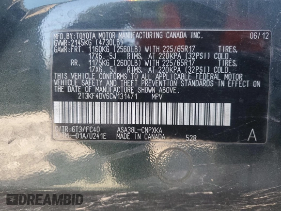2012 Toyota RAV4 with VIN 2T3KF4DV6CW131471, listed as a Copart auction lot 53142115 with 168,615 mi miles and Salvage Title. Bid and sale history available at carsss.com. Image 15.