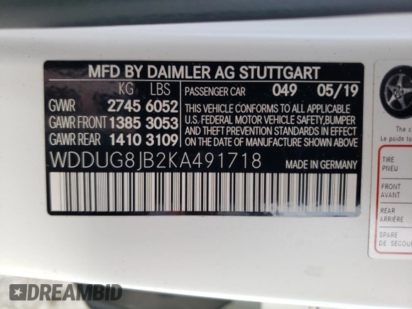 2019 Mercedes-Benz S-Class AMG S 63 with VIN WDDUG8JB2KA491718, listed as a Copart auction lot 68649454 with 34,414 mi miles and Non Repairable. Bid and sale history available at carsss.com. Image 13.