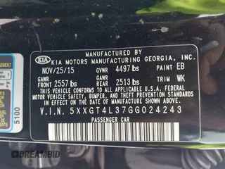 2016 Kia Optima LX with VIN 5XXGT4L37GG024243, listed as a IAAI auction lot 42098585 with 108,777 mi miles. Bid and sale history available at carsss.com. Image 9.