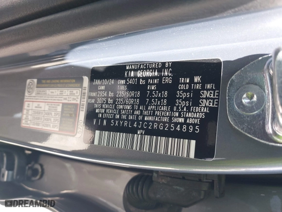 2024 Kia Sorento S with VIN 5XYRL4JC2RG254895, listed as a IAAI auction lot 39959899 with 4,185 mi miles. Bid and sale history available at carsss.com. Image 9.