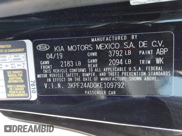 2019 Kia Forte LXS with VIN 3KPF24AD0KE109792, listed as a IAAI auction lot 42242300 with 57,680 mi miles and . Bid and sale history available at DreamBid. Image 9.