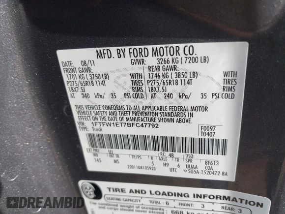 2011 Ford F-150 XLT with VIN 1FTFW1ET7BFC47792, listed as a IAAI auction lot 41765574 with 174,001 mi miles. Bid and sale history available at carsss.com. Image 9.