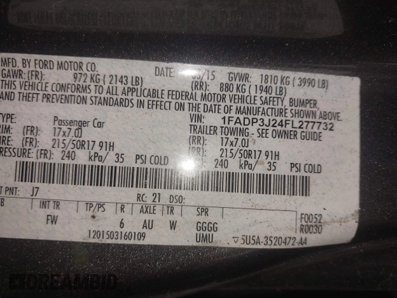 2015 Ford Focus Titanium with VIN 1FADP3J24FL277732, listed as a IAAI auction lot 41903397 with 238,138 mi miles and . Bid and sale history available at carsss.com. Image 9.