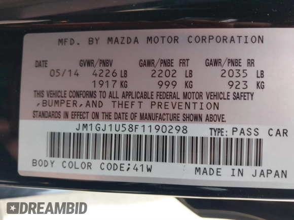 2015 Mazda 6 i Sport with VIN JM1GJ1U58F1190298, listed as a IAAI auction lot 41576830 with 153,142 mi miles. Bid and sale history available at carsss.com. Image 9.