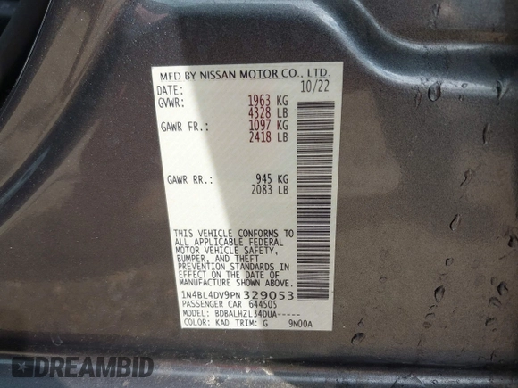 2023 Nissan Altima SV z VIN 1N4BL4DV9PN329053, wystawiony jako IAAI lot #42373968 z przebiegiem 50 729 mil mil oraz . Historia ofert i sprzedaży dostępna na DreamBid. Obrazek 9.