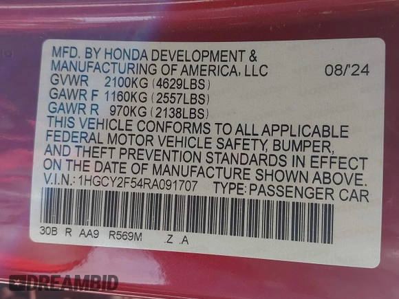 2024 Honda Accord Sport with VIN 1HGCY2F54RA091707, listed as a IAAI auction lot 42311738 with 11,996 mi miles and . Bid and sale history available at DreamBid. Image 9.