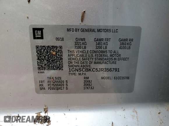 2018 Chevrolet Tahoe LT with VIN 1GNSCBKC5JR356791, listed as a Copart auction lot 55044675 with 125,616 mi miles and Salvage title. Bid and sale history available at DreamBid. Image 13.