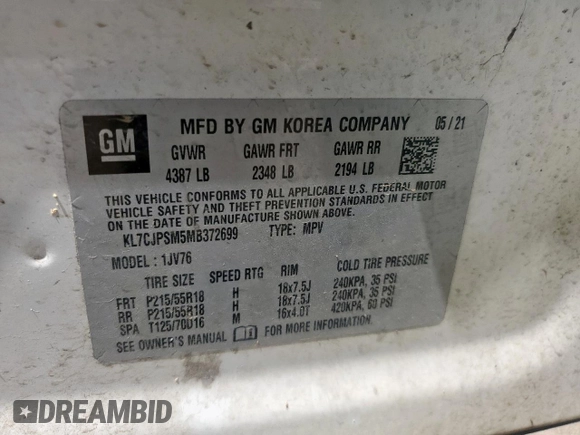 2021 Chevrolet Trax LT с VIN KL7CJPSM5MB372699, выставлен на аукционе Copart как лот 57873255 с пробегом 77 361 миль миль и Списание • Salvage title. История ставок и продаж доступна на DreamBid. Изображение 13.