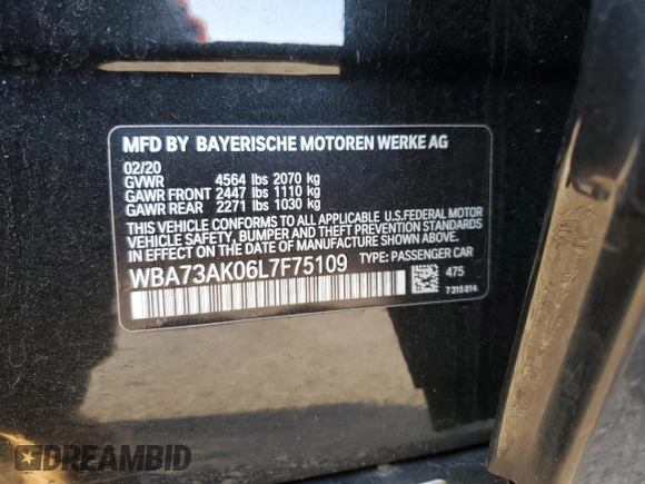 2020 BMW 2 Series 228i xDrive with VIN WBA73AK06L7F75109, listed as a Copart auction lot 73194004 with 59,296 mi miles and Non Repairable. Bid and sale history available at DreamBid. Image 14.