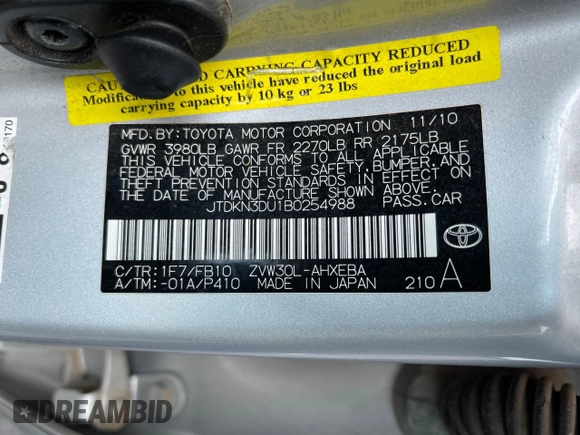 2011 Toyota Prius I with VIN JTDKN3DU1B0254988, listed as a Copart auction lot 58939105 with 196,757 mi miles and Clean title. Bid and sale history available at DreamBid. Image 10.