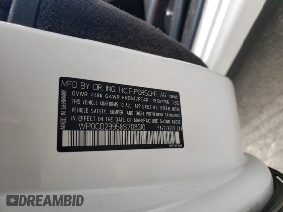 2008 Porsche 911 z VIN WP0CD29958S708310, wystawiony jako Copart lot #51357635 z przebiegiem Nie podano mil oraz Nie do naprawy • Non repairable. Historia ofert i sprzedaży dostępna na DreamBid. Obrazek 10.