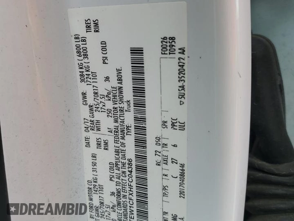 2017 Ford F-150 XL with VIN 1FTEW1CFXHFC04386, listed as a Copart auction lot 52819555 with 167,813 mi miles and Salvage title. Bid and sale history available at DreamBid. Image 12.