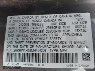 2021 Honda CR-V EX with VIN 2HKRW1H59MH404256, listed as a IAAI auction lot 41711235 with 100,389 mi miles. Bid and sale history available at carsss.com. Image 9.