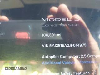 2018 Tesla Model 3 Long Range Battery with VIN 5YJ3E1EA2JF014975, listed as a IAAI auction lot 41319407 with 106,301 mi miles and . Bid and sale history available at DreamBid. Image 7.