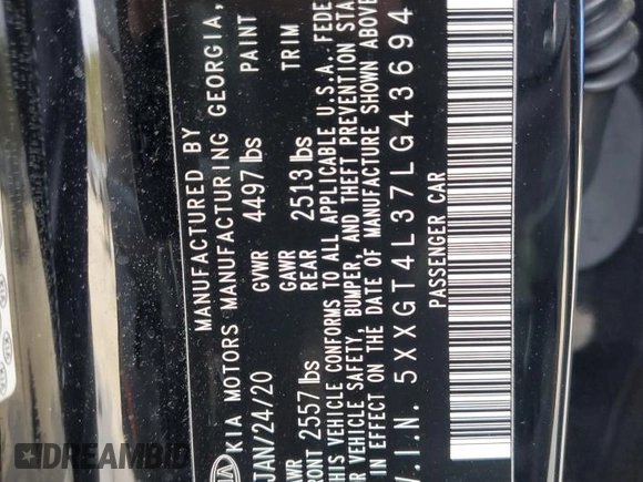 2020 Kia Optima LX with VIN 5XXGT4L37LG436947, listed as a Copart auction lot 48415885 with 19,325 mi miles and Salvage Title. Bid and sale history available at carsss.com. Image 13.