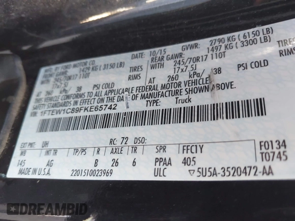 2015 Ford F-150 XLT with VIN 1FTEW1C89FKE65742, listed as a IAAI auction lot 42117957 with 153,413 mi miles and . Bid and sale history available at carsss.com. Image 9.