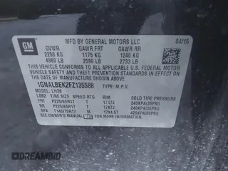2015 Chevrolet Equinox LT with VIN 1GNALBEK2FZ135588, listed as a IAAI auction lot 41883968 with 167,023 mi miles. Bid and sale history available at carsss.com. Image 9.