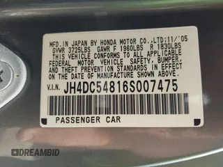 2006 Acura RSX with VIN JH4DC54816S007475, listed as a IAAI auction lot 41960639 with 230,939 mi miles. Bid and sale history available at carsss.com. Image 9.
